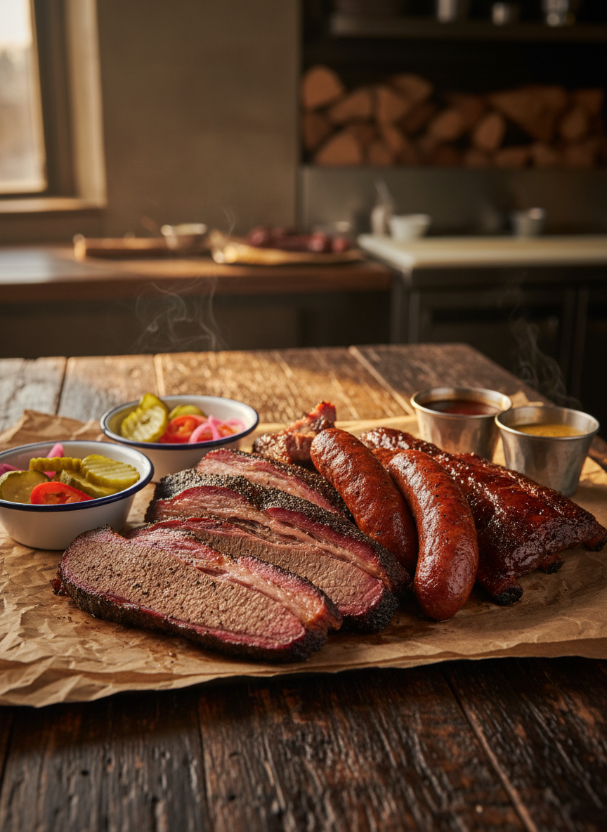 A generous platter of slow-smoked BBQ featuring thick-sliced brisket with a pronounced smoke ring, glistening ribs with a sticky mahogany bark, and links of handcrafted sausage with crisp, blistered casings. The meats rest on rugged butcher paper over a dark reclaimed-wood table, with small enamel trays of house pickles and rustic metal cups of sauce nearby. Warm golden-hour light from an unseen window rakes across the scene, catching the sheen of rendered fat and gentle curls of steam. Shot at an eye-level, three-quarter angle with shallow depth of field, the background fades into a soft blur of stacked firewood and stainless-steel prep surfaces, creating a realistic, professional, and inviting smokehouse atmosphere.