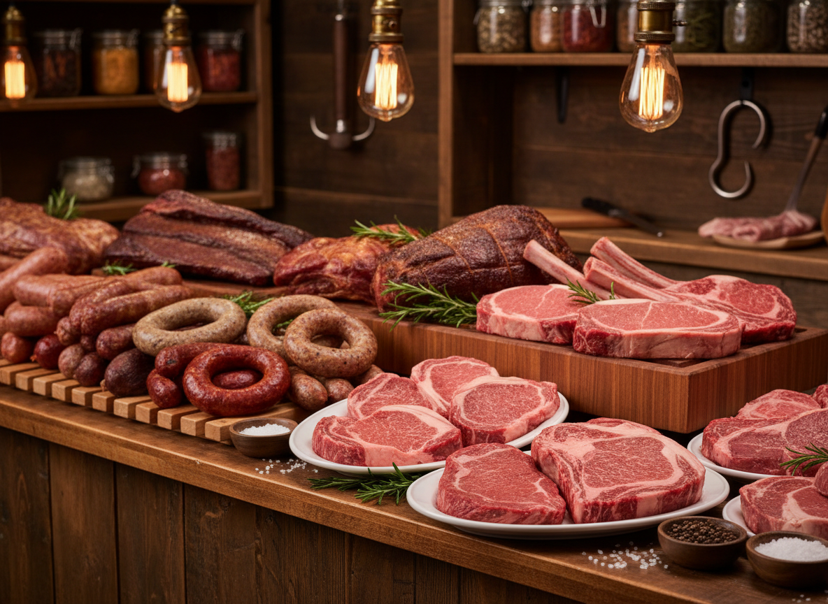 Retail meat store display with smoked meats and sausages
