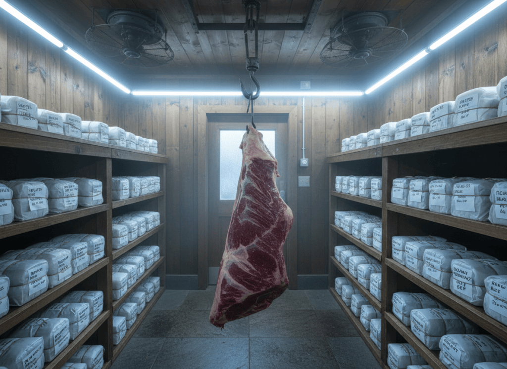 A large whole side of beef hanging in a professional cold storage room, with neatly wrapped and packaged meat portions ready for a freezer order. Rustic butcher shop atmosphere, cool lighting.