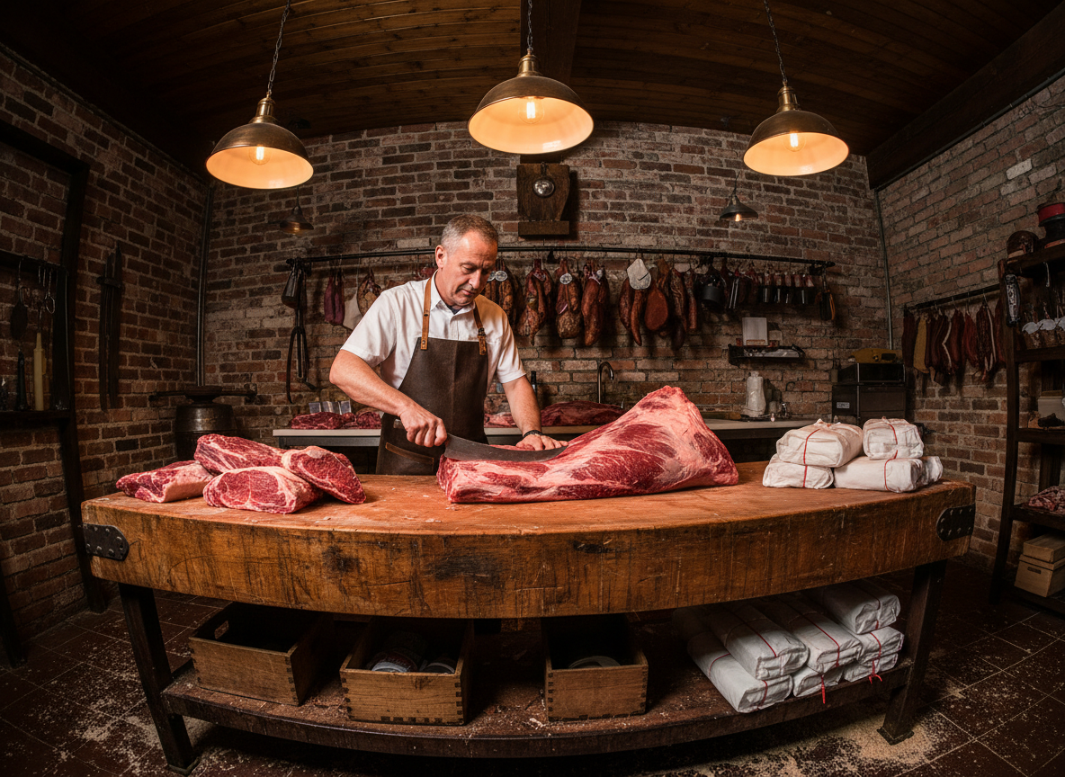 A butcher cutting and wrapping meat